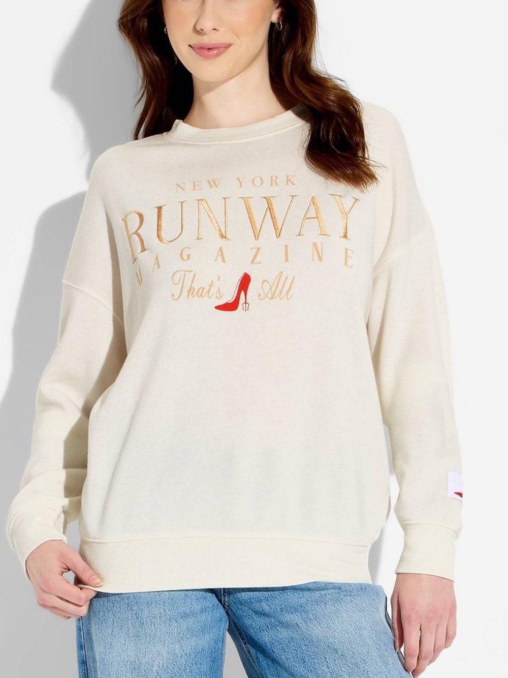 Devil Wears Prada Runway Magazine Graphic Sweatshirt - Cream with Gold & Red